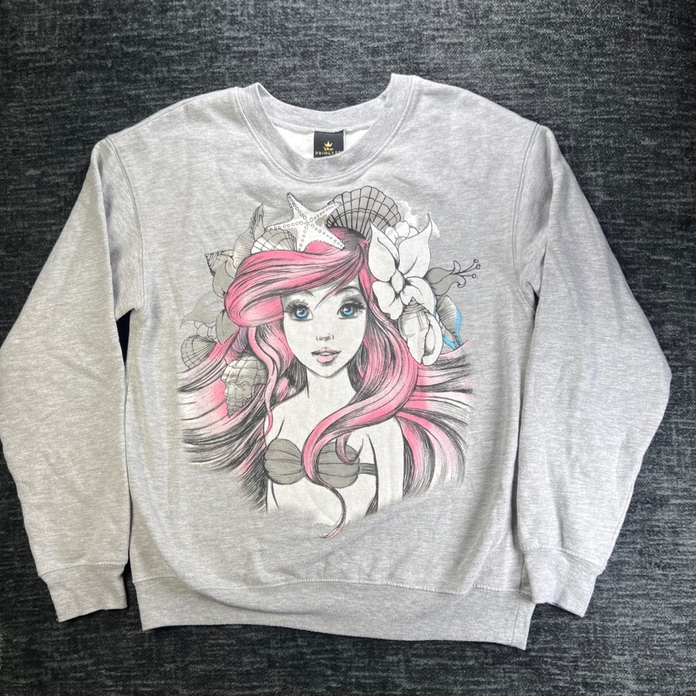 Disney Princess Sweatshirt Womens Small Grey Ariel Little Mermaid Graphic Crew